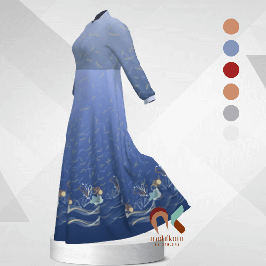 Dress biru gradasi motif abstrak di print di kain armany. terlihat dari samping. motifkain