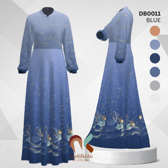Gamis / Dress elegan warna biru gradasi dengan motif abstak, motifkain