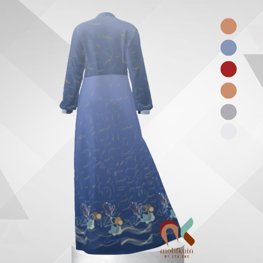 Dress biru gradasi motif abstrak di print di kain shakila. terlihat dari belakang. motifkain