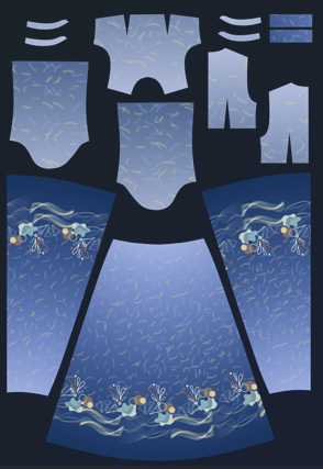 Dress biru gradasi motif abstrak DB0011 desain motif siap jahit