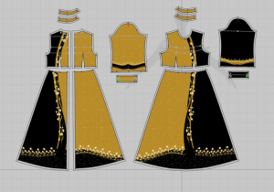 Screenshot 2025-09-07 165003 Motif kain bunga kecil kuning hitam diaplikasikan ke pola dress di Clo 3D sebagai mock-up siap print