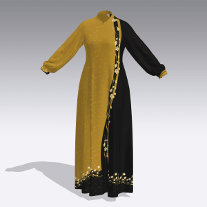 kuning Simulasi baju gamis motif bunga kecil hitam kuning hasil desain di Clo 3D